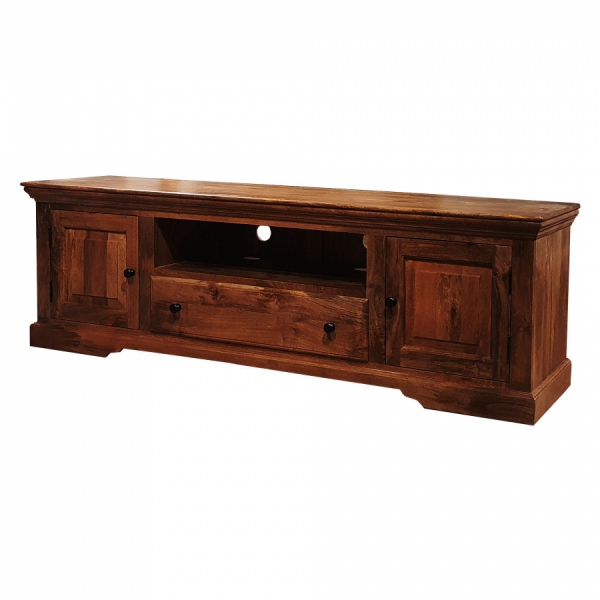 TV-Schrank 180 cm LONDON mit einem Regal aus massivem Akazienholz in einem warmen Braunton