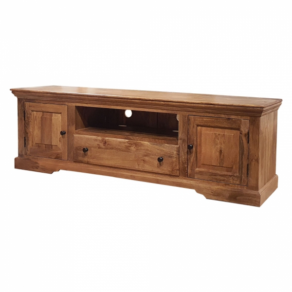 TV-Schrank 180 cm NEW YORK mit Regal aus massivem Mangoholz in Toffee-Farbton