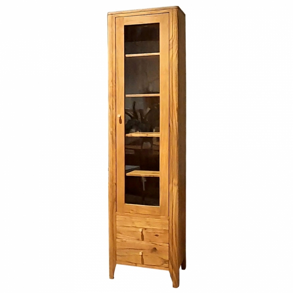 Schmale Vitrine aus Holz 50 cm MILANO mit Akazienschubladen - Farbe AMBER
