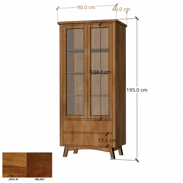 Holzvitrine BONN mit Glasfront und Schubladen aus Akazienholz - Farbe JAVA 50