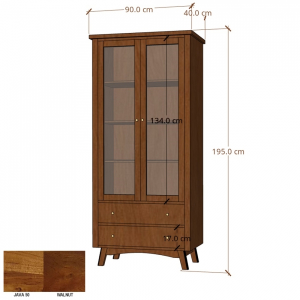 Holzvitrine BONN mit Glasfront und Schubladen aus Akazienholz - Farbe WALNUT