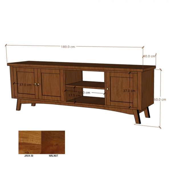 Der TV-Schrank BONN aus Holz 180 cm mit Schränken und Regal aus Akazienholz - Farbe WALNUT