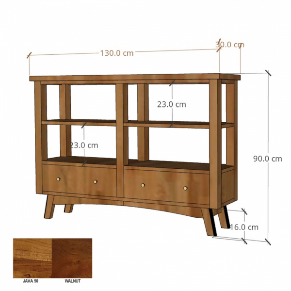 Holzkonsole BONN 130 cm mit Regalen und Schubladen aus Akazienholz - Farbe JAVA 50