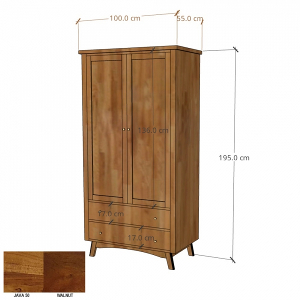 Kleiderschrank aus Holz BONN 100 cm mit Schubladen aus Akazienholz - Farbe JAVA 50