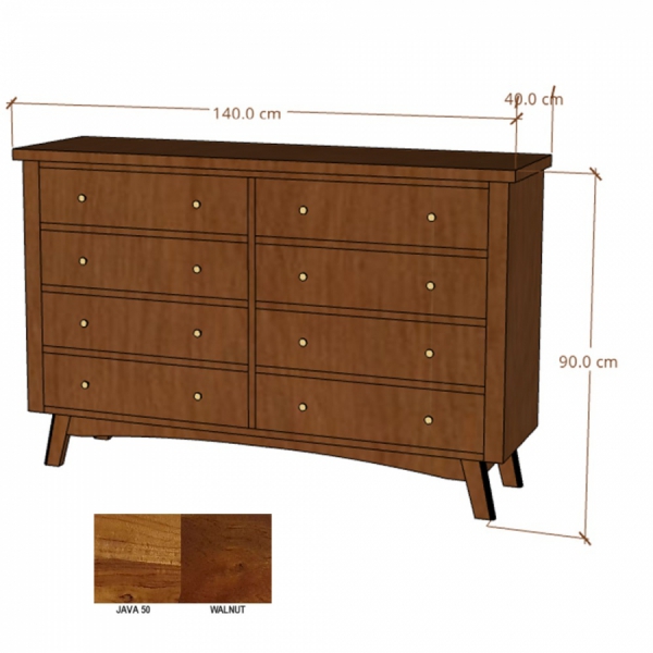 Holzkommode BONN 140 cm mit Schubladen aus Akazie - Farbe WALNUT