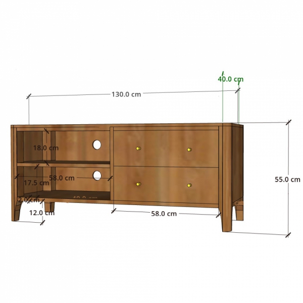 TV-Schrank aus Holz MILANO 130 cm mit Schubladen und Regal aus Akazie - Farbe JAVA 50