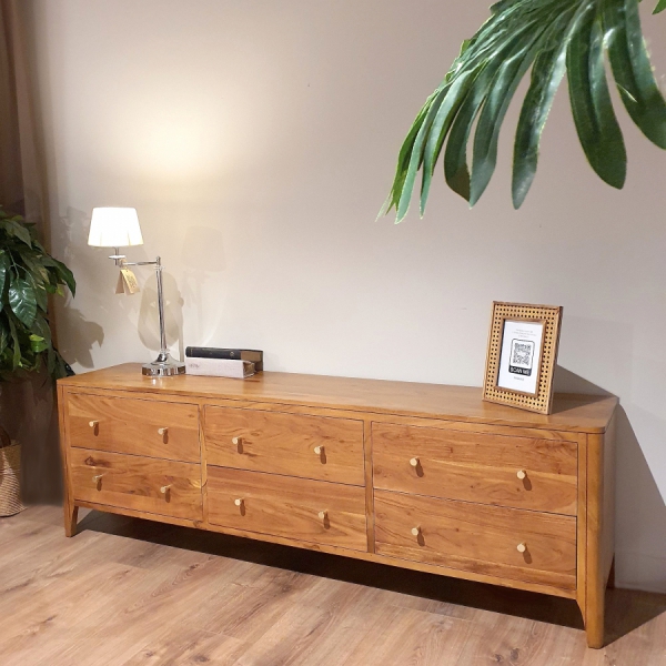 Niedrige Holzkommode MILANO 175 cm mit Akazienschubladen - Farbe AMBER