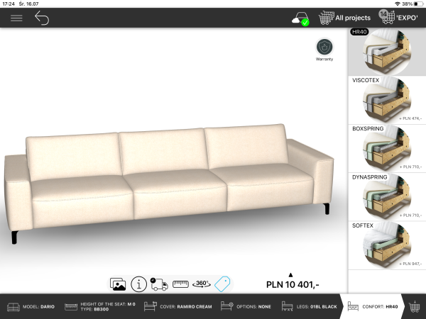 Sofa DARIO 300 BB w tkaninie RAMIRO cream + PODUSZKA + TKANINA