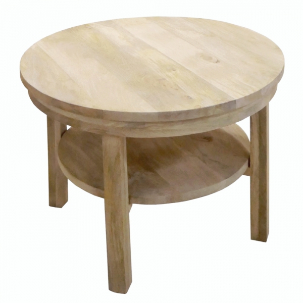 Ronde houten salontafel met plank, 80 cm, naturel mango